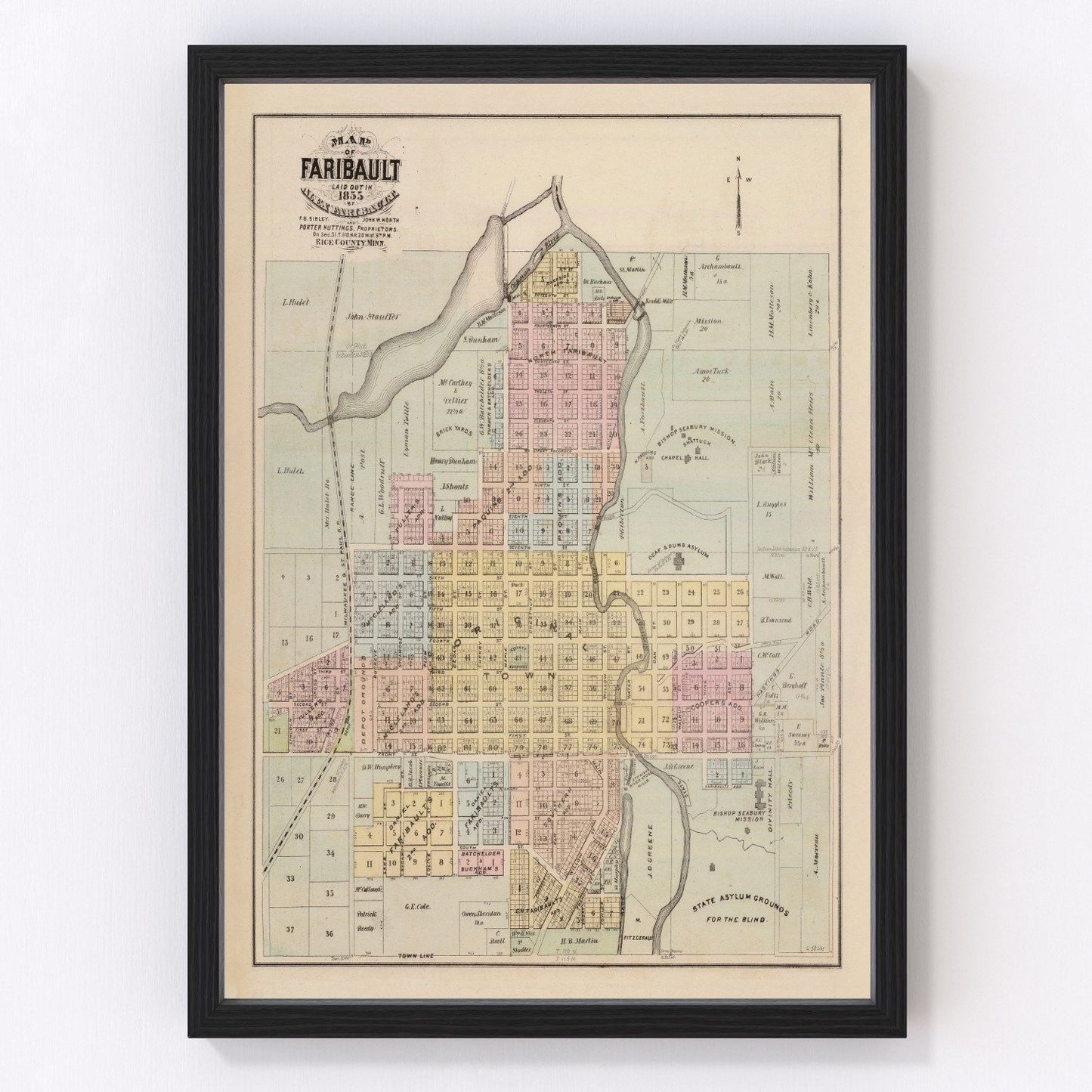 Vintage map of Faribault, Minnesota, 1874