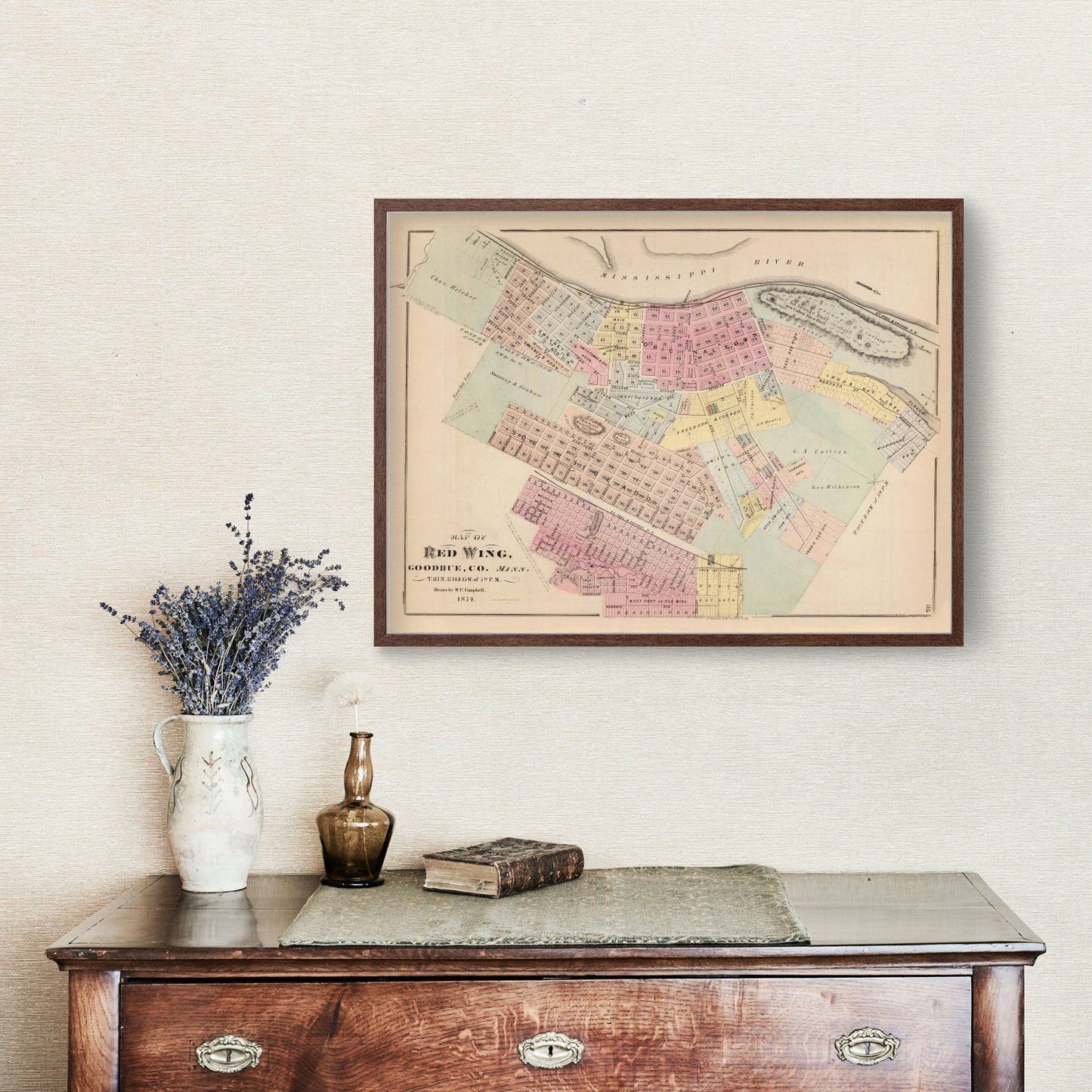 Vintage Map of Red Wing, Goodhue County, Minnesota, 1874