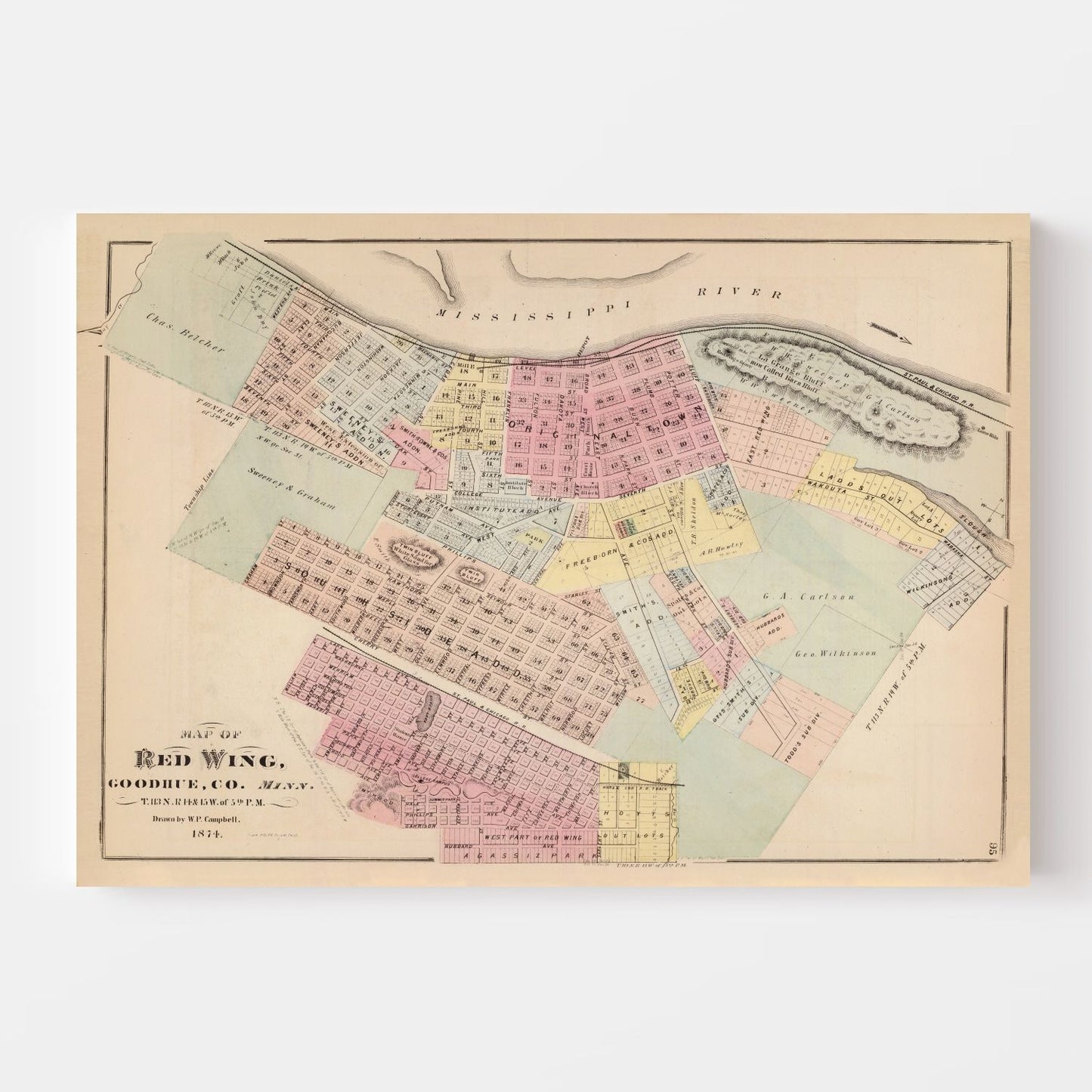 Vintage Map of Red Wing, Goodhue County, Minnesota, 1874