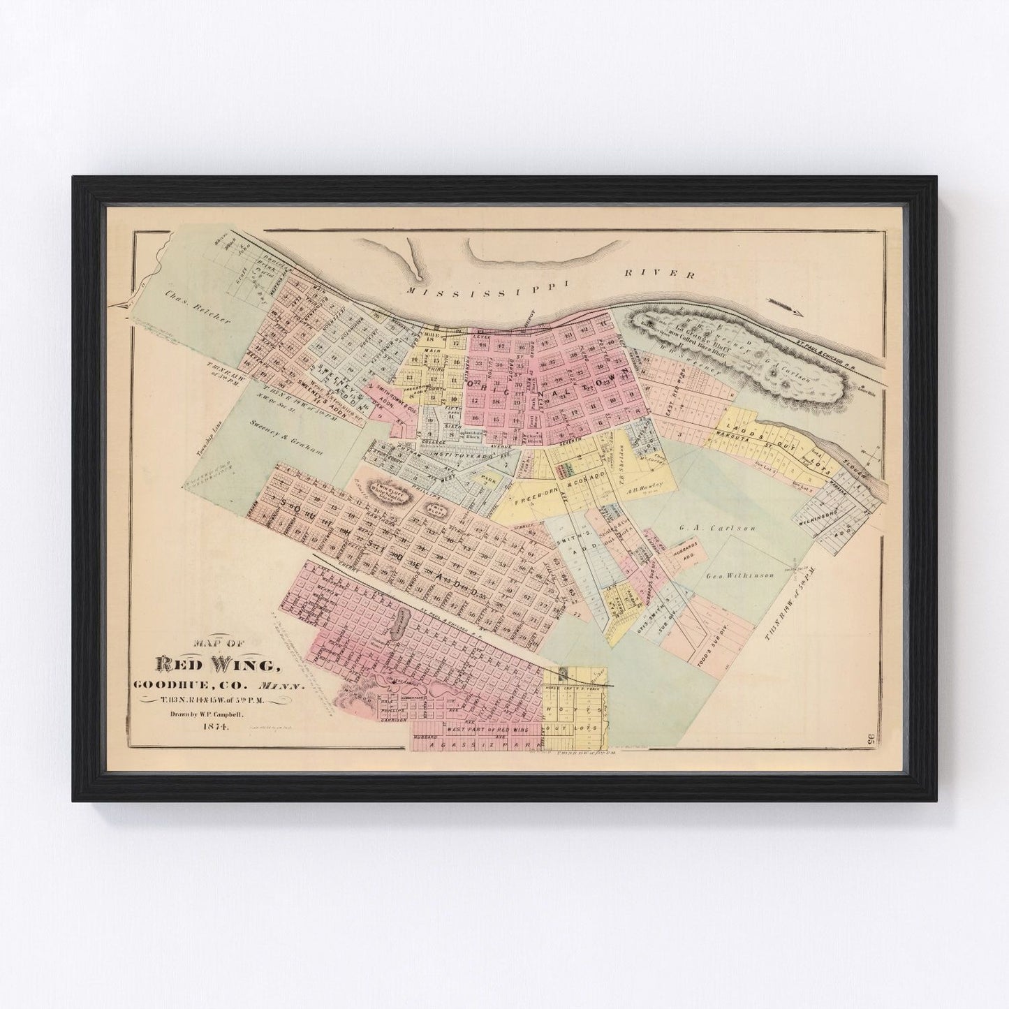 Vintage map of Red Wing, Minnesota, 1874