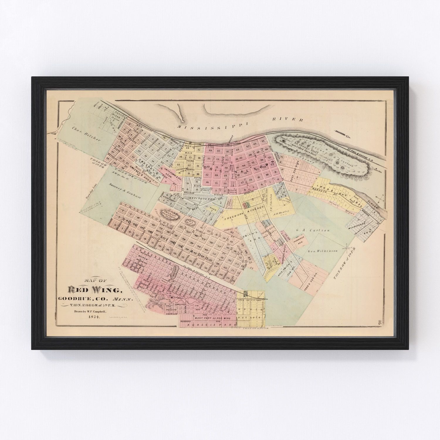 Vintage map of Red Wing, Minnesota, 1874