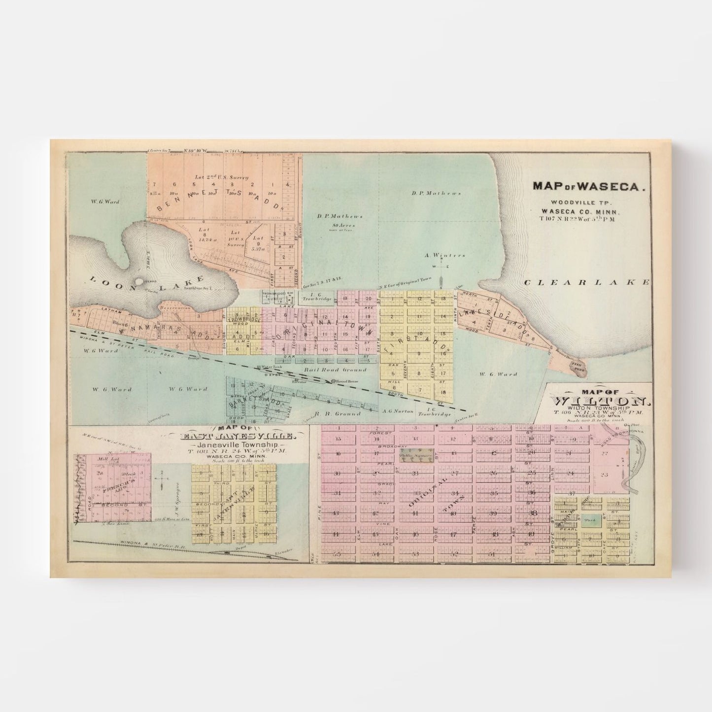 Vintage Map of Janesville, Waseca County, Minnesota, 1874