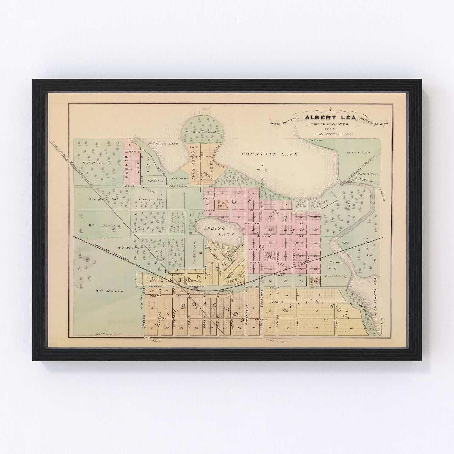 Vintage map of Albert Lea, Minnesota, 1874 - restored print