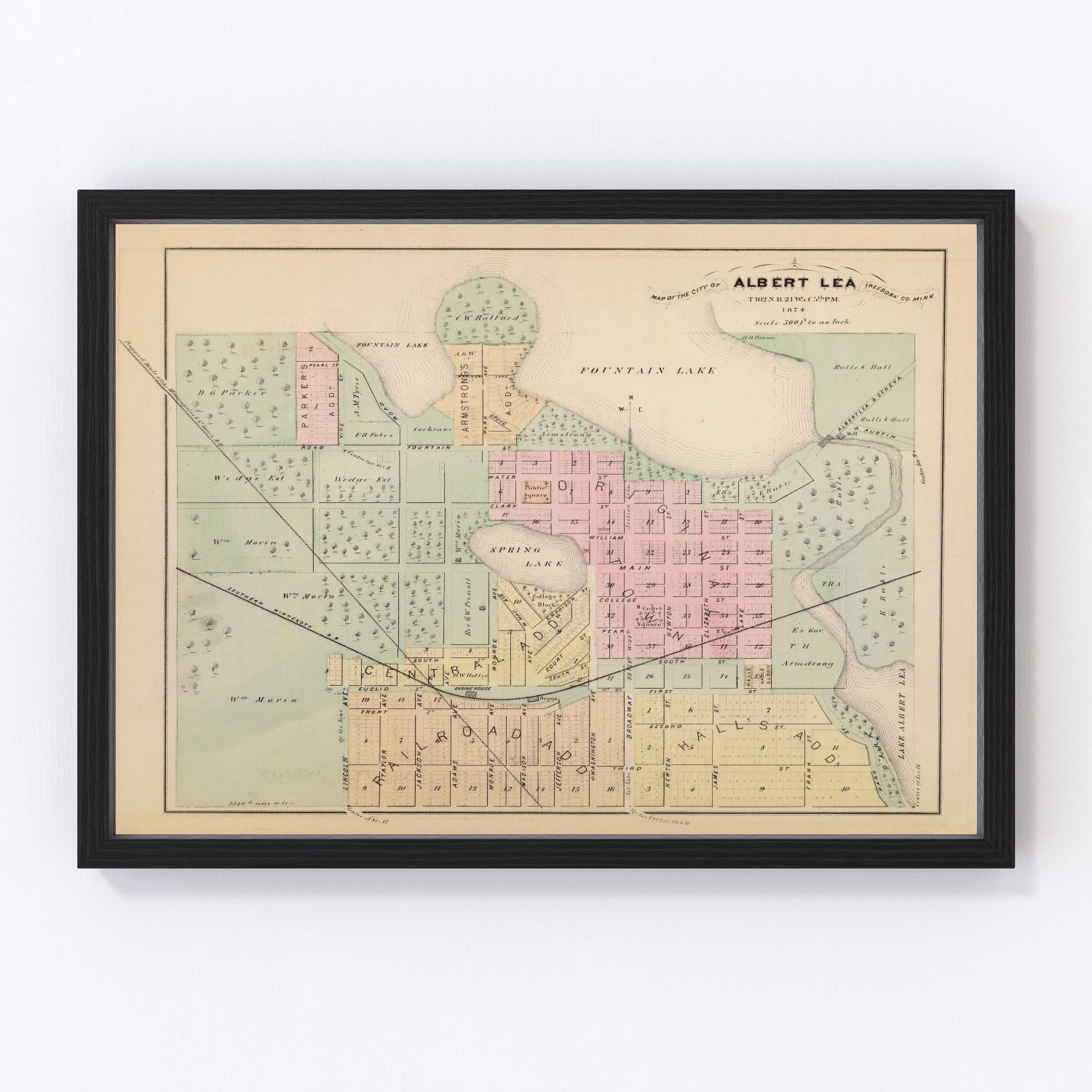Vintage map of Albert Lea, Minnesota, 1874 - restored print