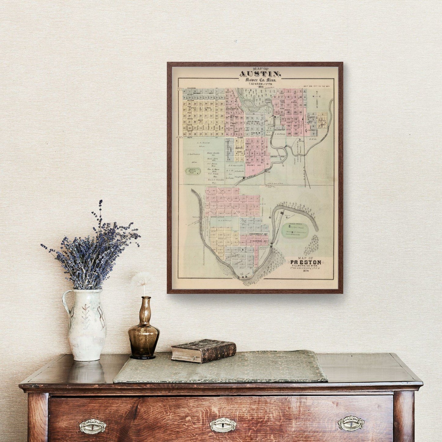 Vintage Map of Austin, Minnesota, 1874