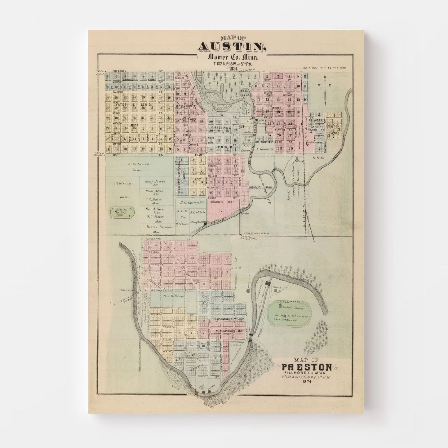 Vintage Map of Austin, Minnesota, 1874
