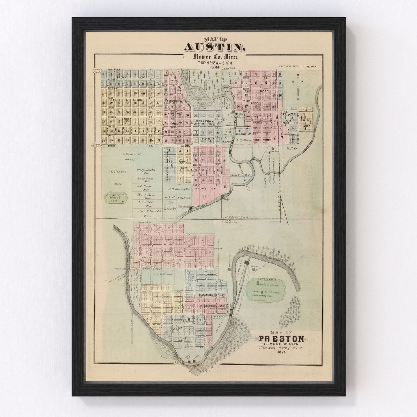 Vintage map of Austin, Minnesota Mower County seat, 1874