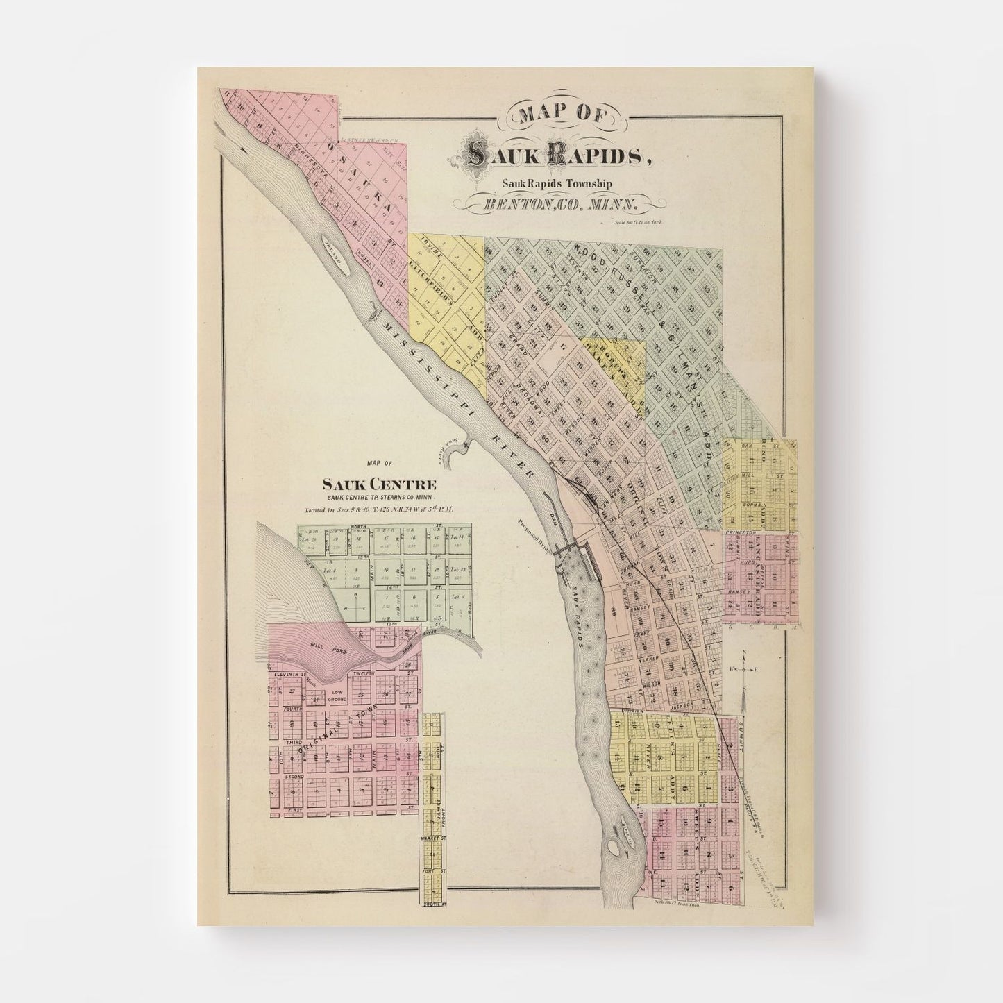 Vintage Map of Sauk Centre, Minnesota, 1874