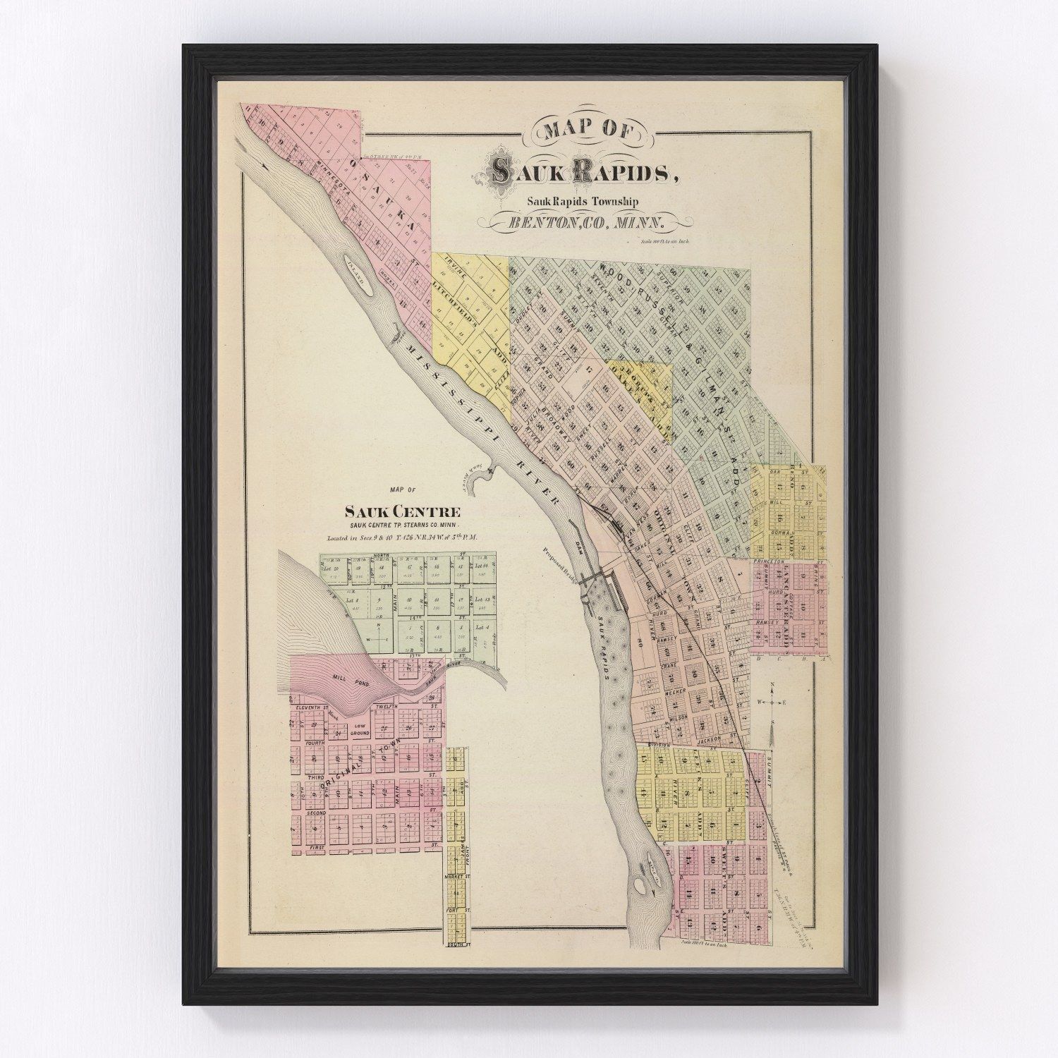 vintage map of Sauk Centre, Minnesota, 1874