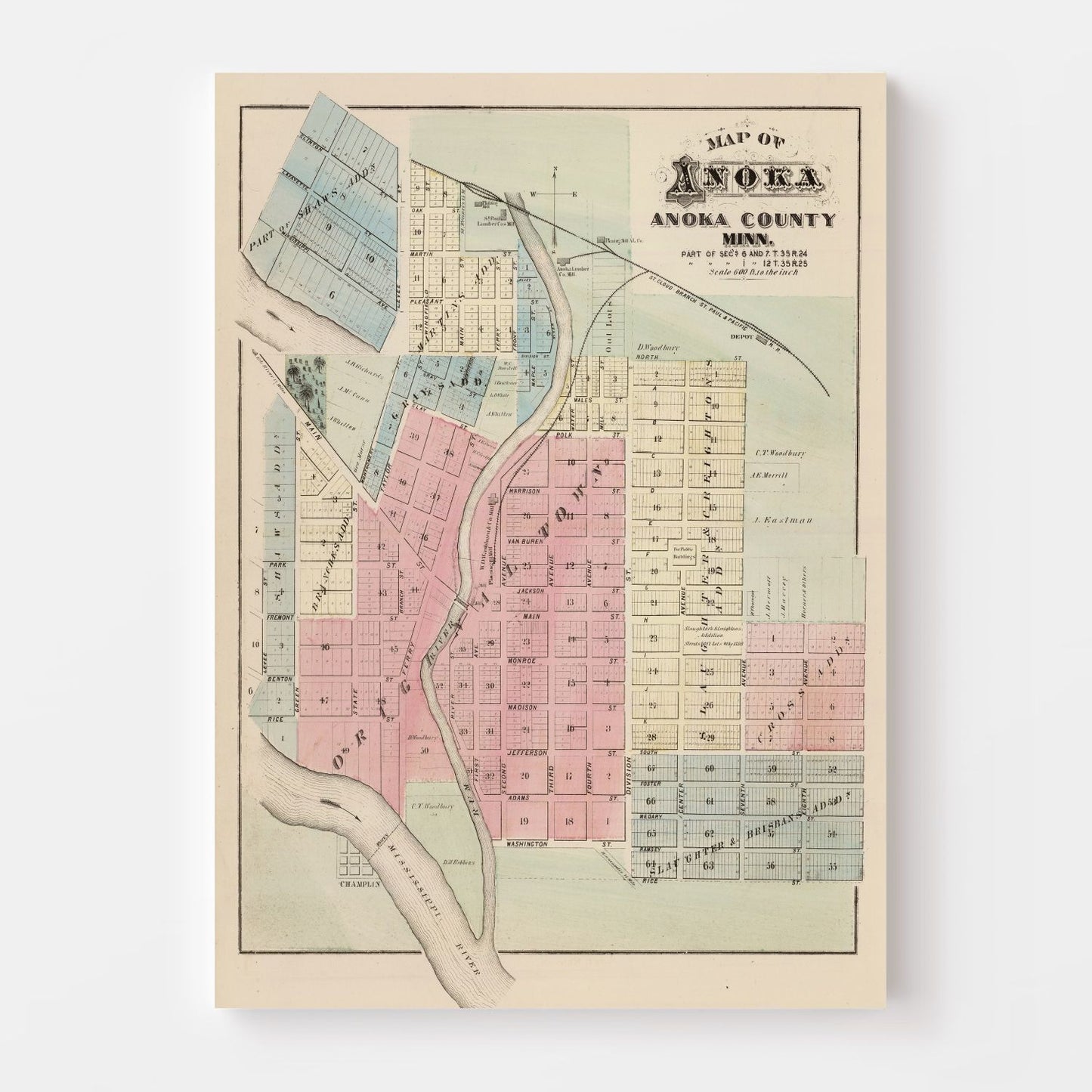 Vintage Map of Anoka, Minnesota, 1874