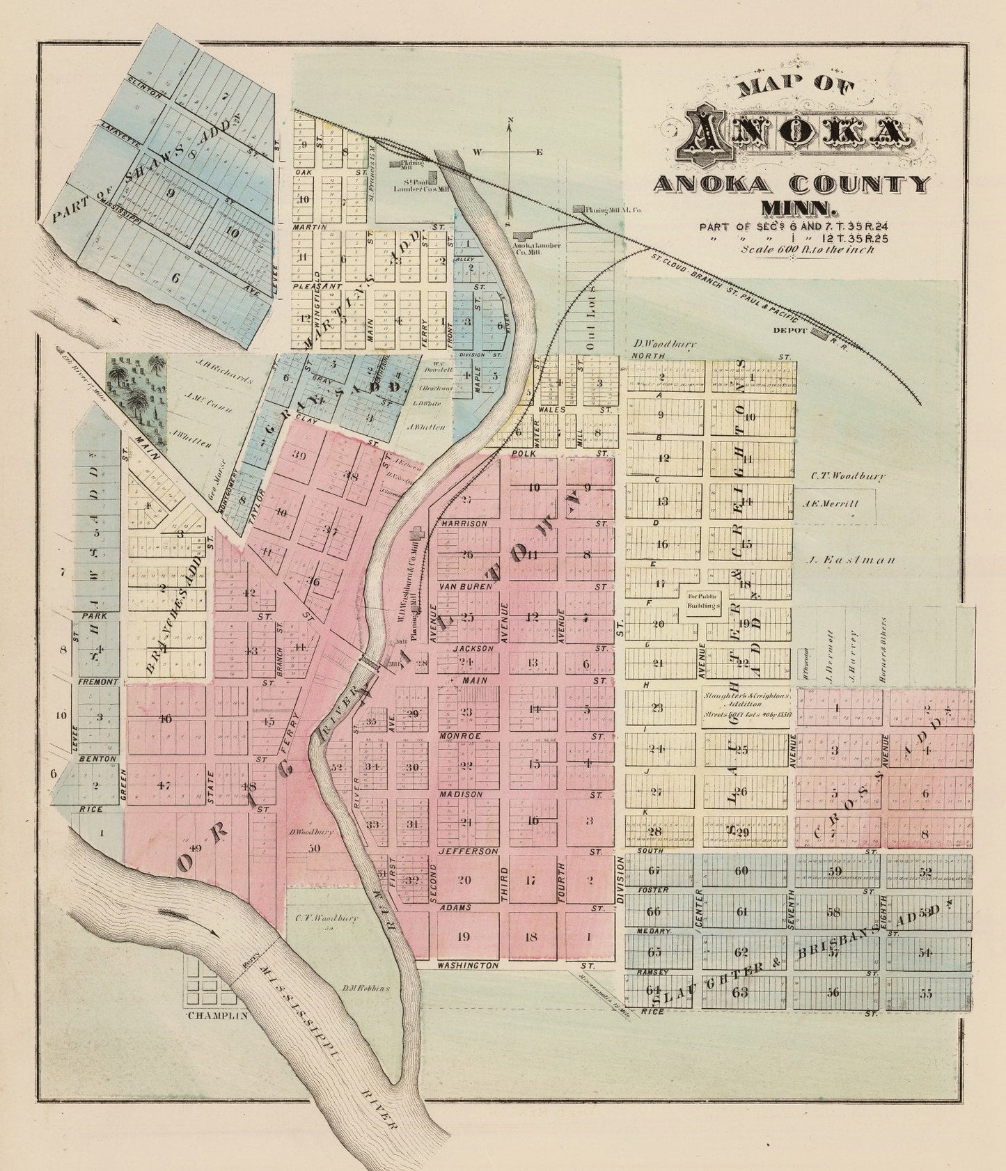 Vintage Map of Anoka, Minnesota, 1874
