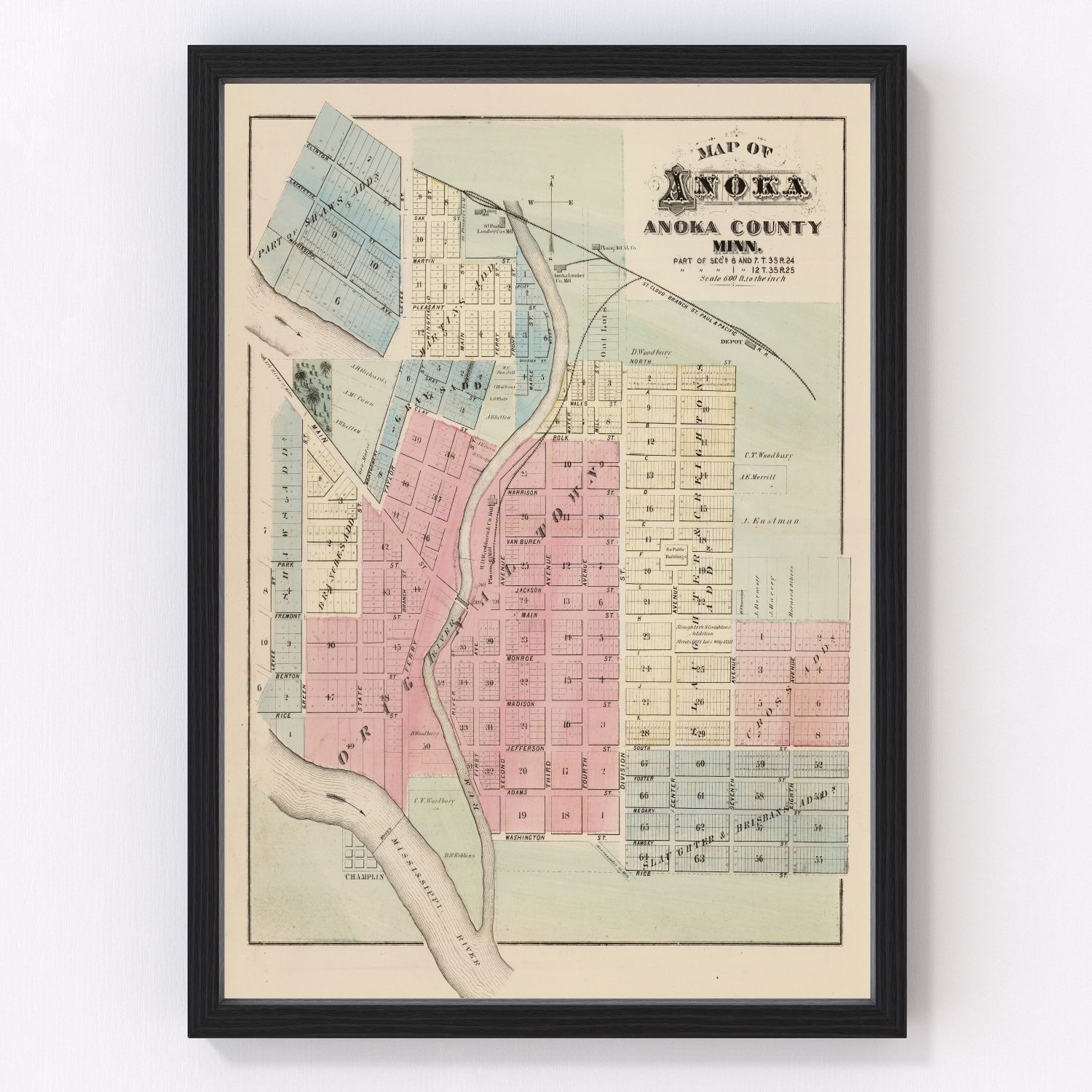 Restored vintage map of Anoka, Minnesota, 1874