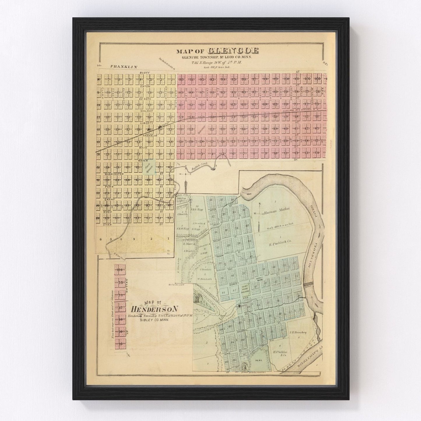 Vintage map of Glencoe, Minnesota, 1874