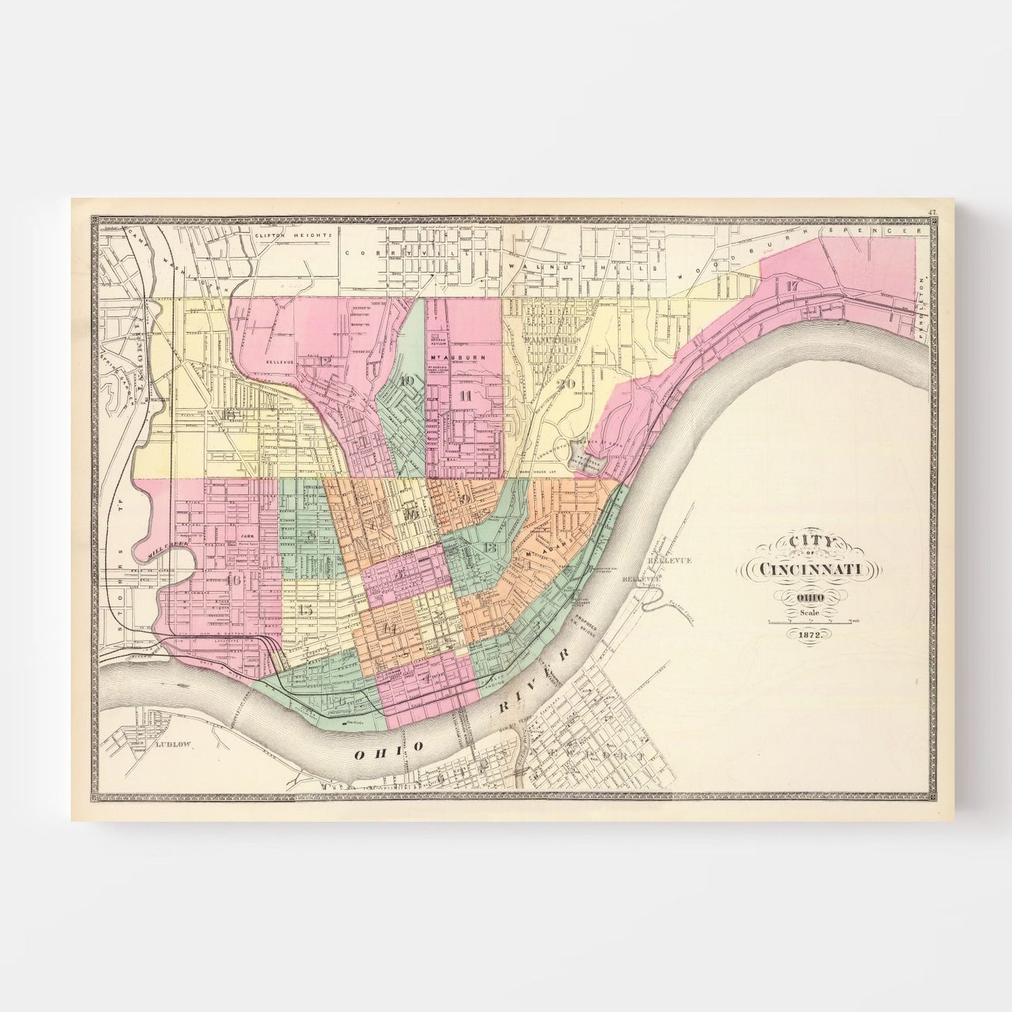 Vintage Map of Cincinnati, Ohio, 1872