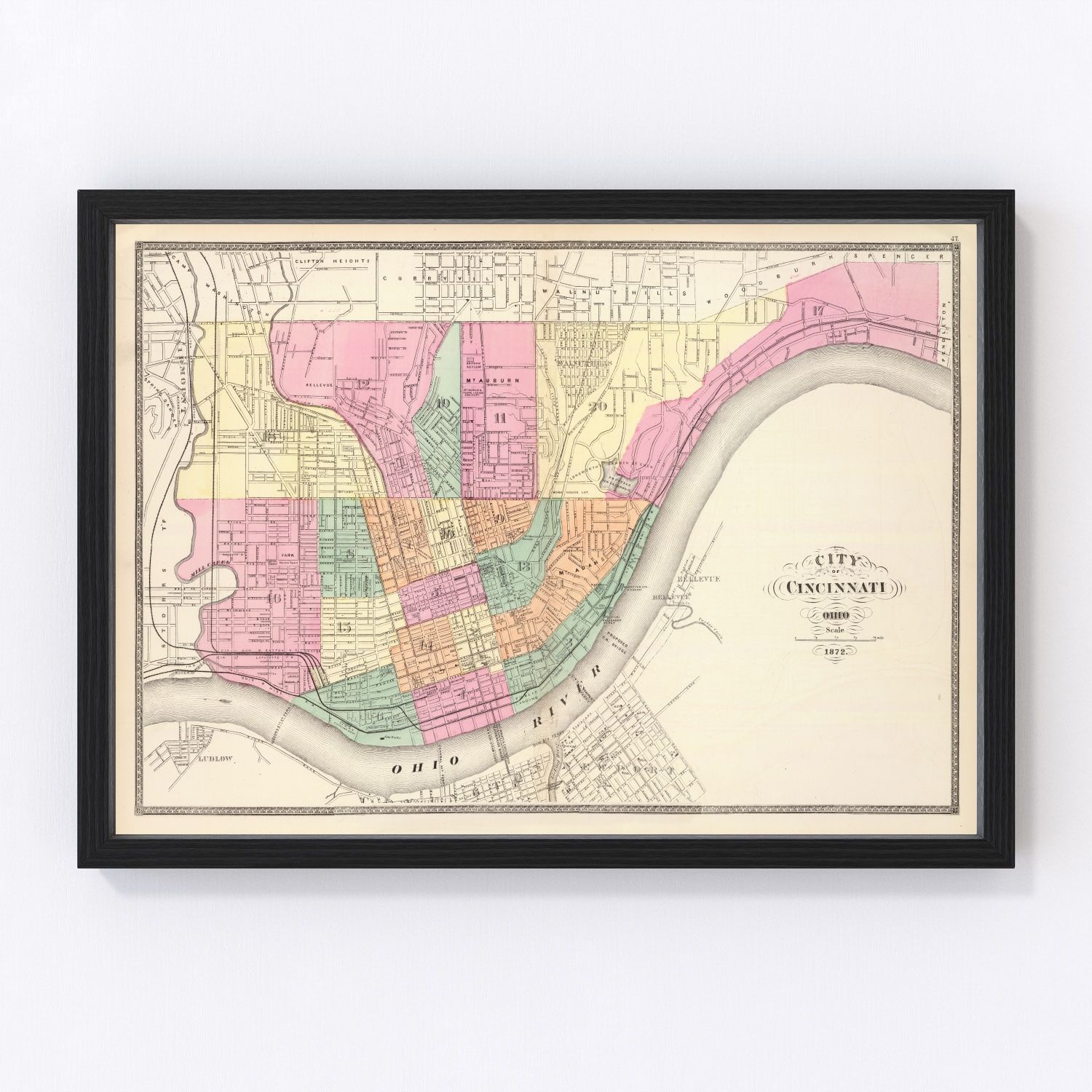 Vintage map of Cincinnati, Ohio, 1872