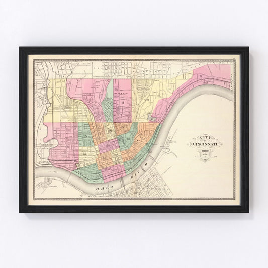 Vintage map of Cincinnati, Ohio, 1872