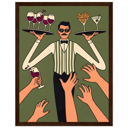 Retro Waiter Bar Art, Framed Server Wall Decor - 27x35 cm / 11x14″ - Dark wood frame / Ready-to-hang - Sparkycare