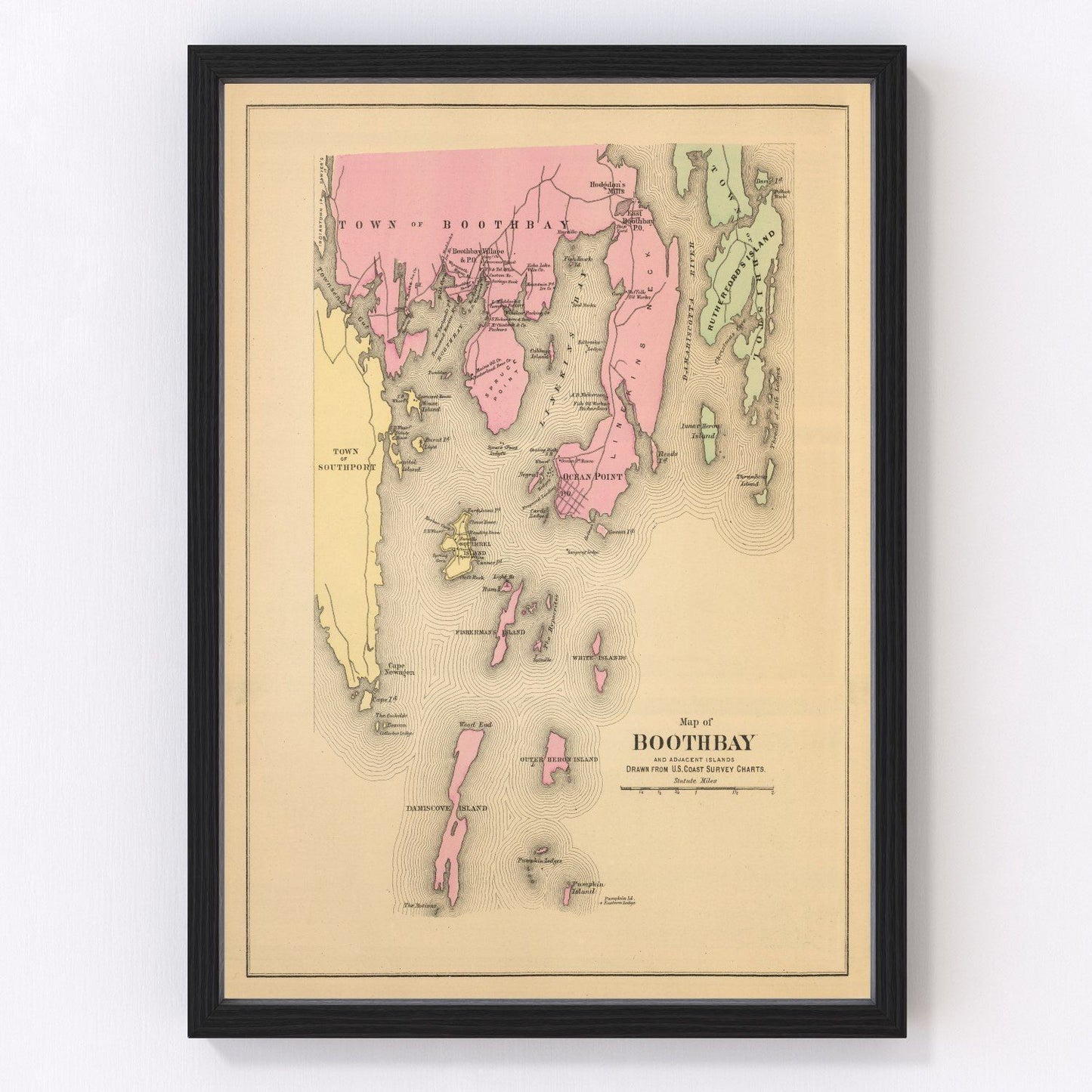 vintage map of Boothbay, Maine, 1894, coastal restored print wall art