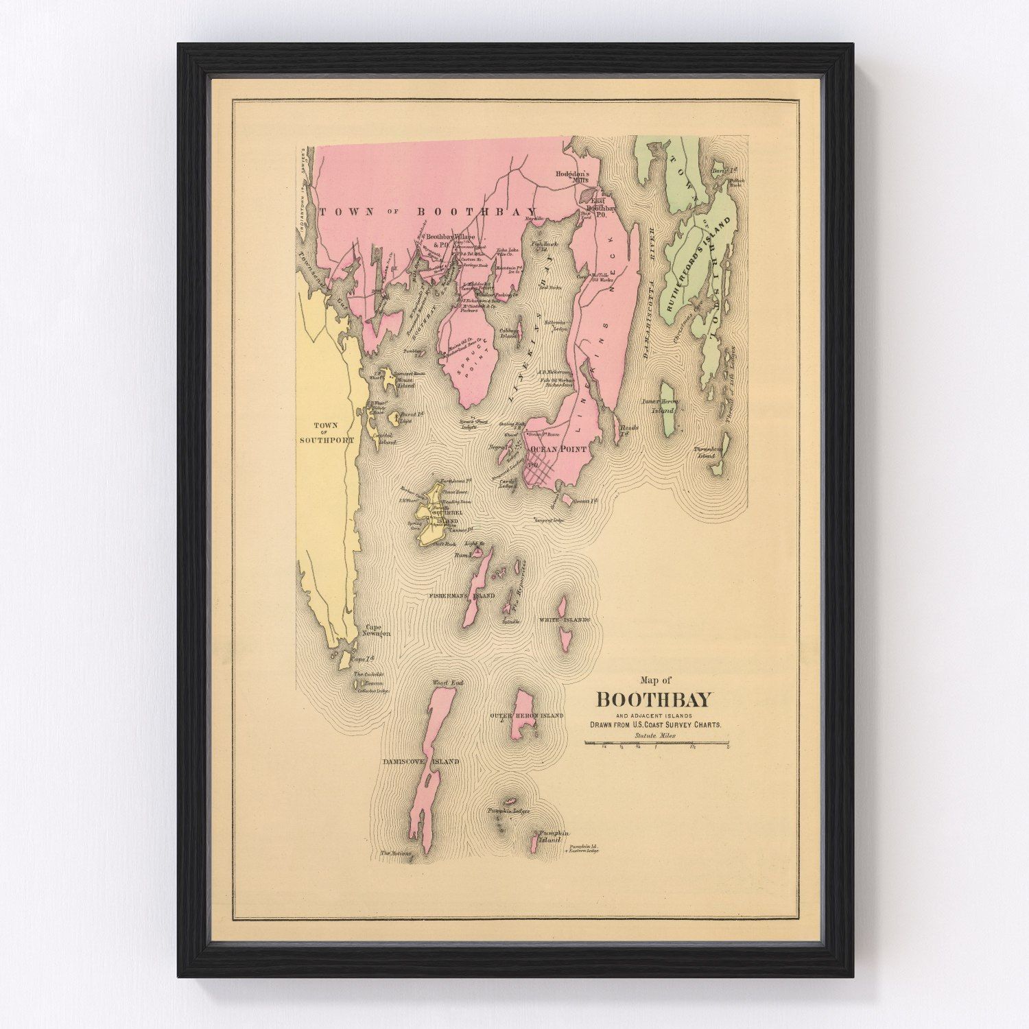 vintage map of Boothbay, Maine, 1894, coastal restored print wall art