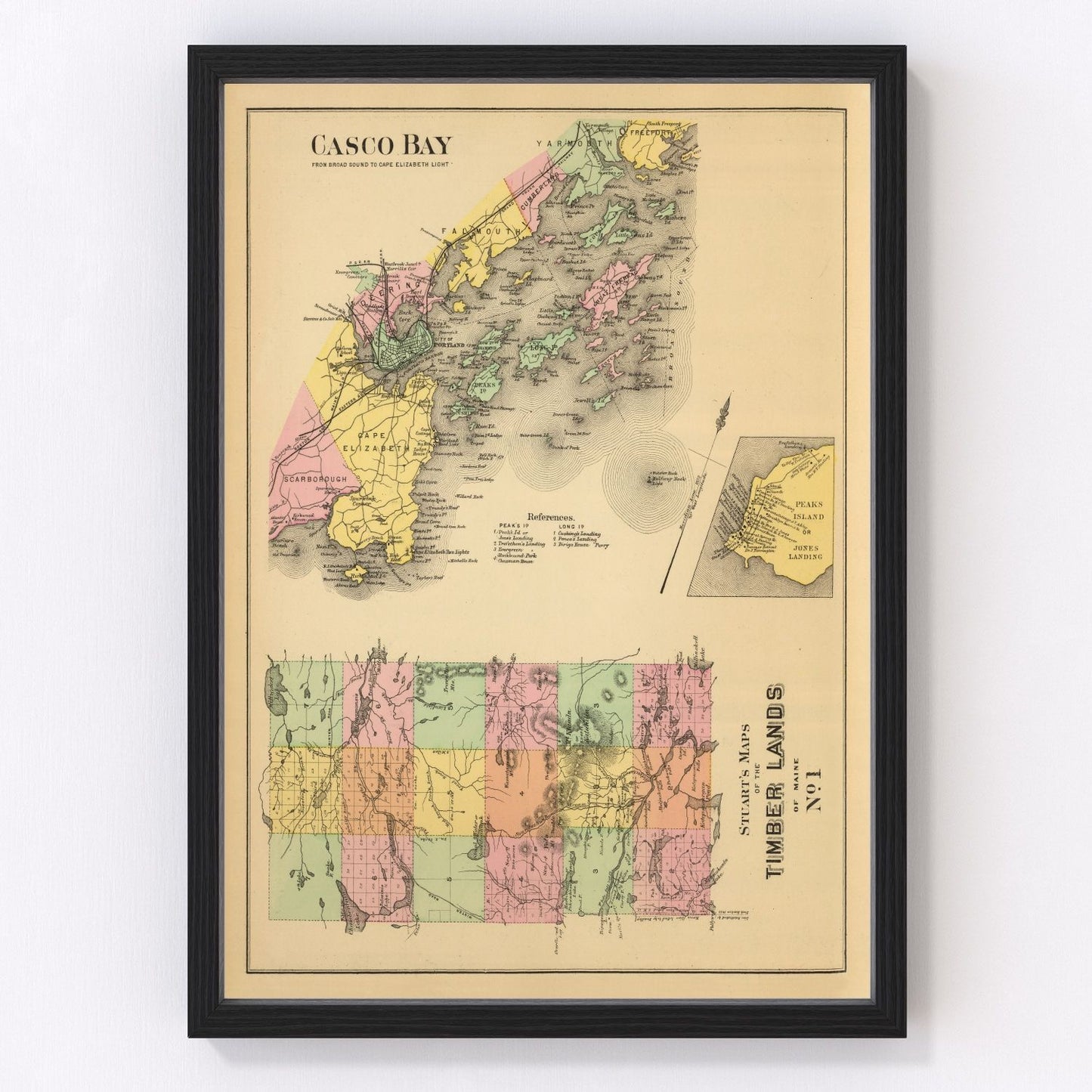 Vintage coastal map of Casco Bay, Maine, 1894, restored vintage wall art print