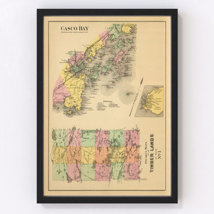 Vintage coastal map of Casco Bay, Maine, 1894, restored vintage wall art print