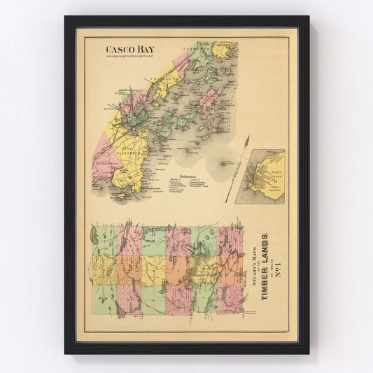 Vintage coastal map of Casco Bay, Maine, 1894, restored vintage wall art print