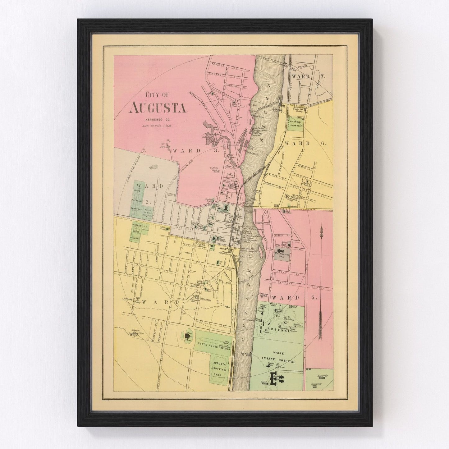 Vintage map of Augusta, Maine state capital on Kennebec River, 1894