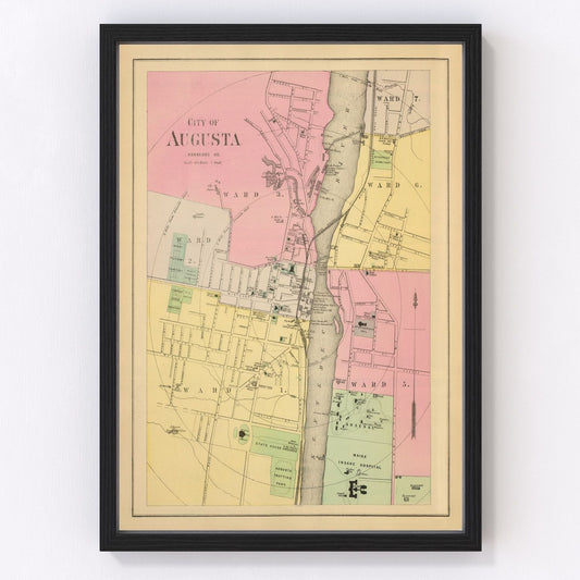 Vintage map of Augusta, Maine state capital on Kennebec River, 1894
