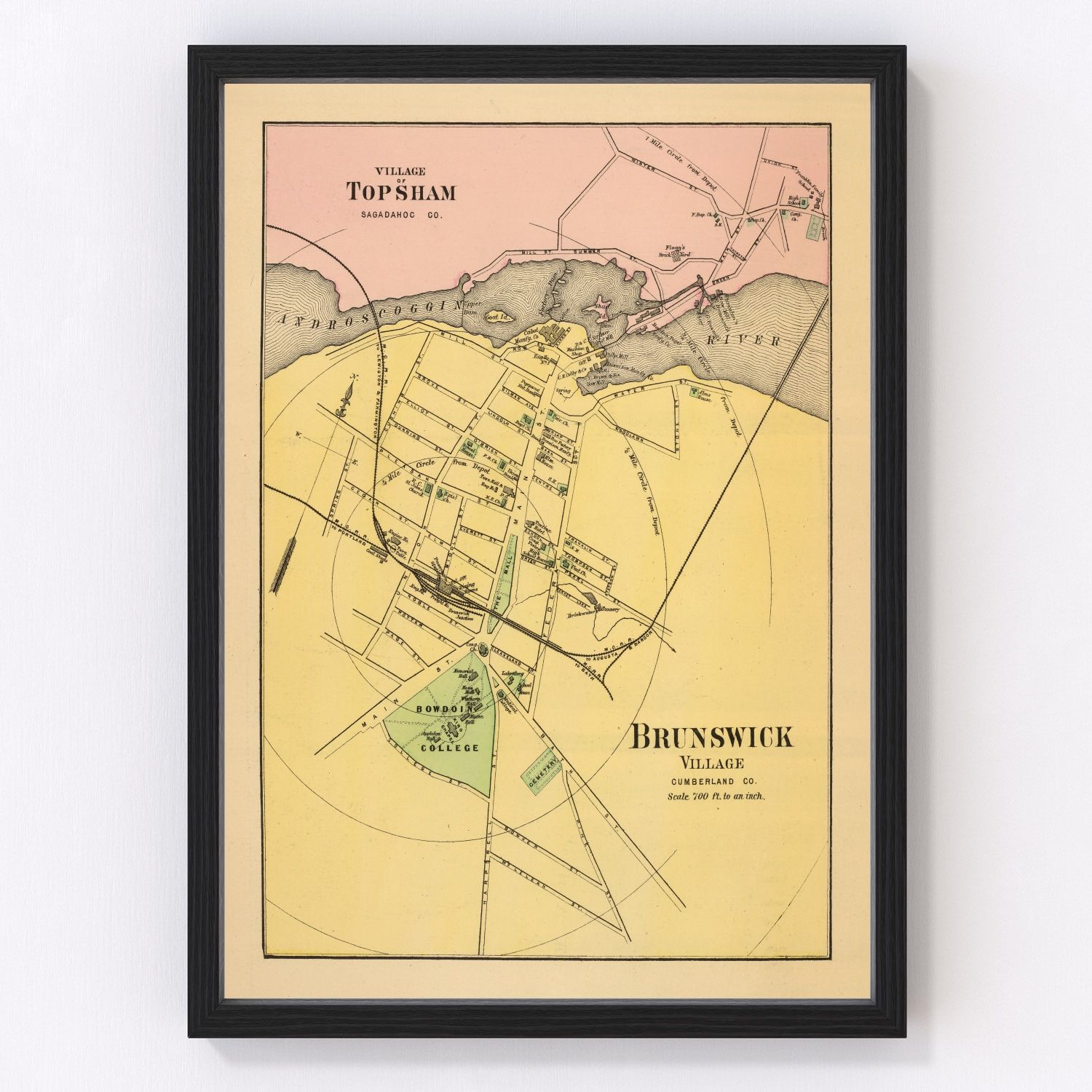 Vintage map of Brunswick, Maine, 1894, Bowdoin College town