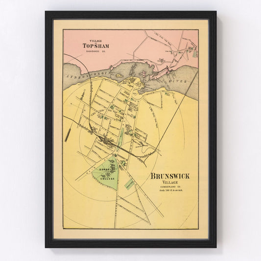 Vintage map of Brunswick, Maine, 1894, Bowdoin College town
