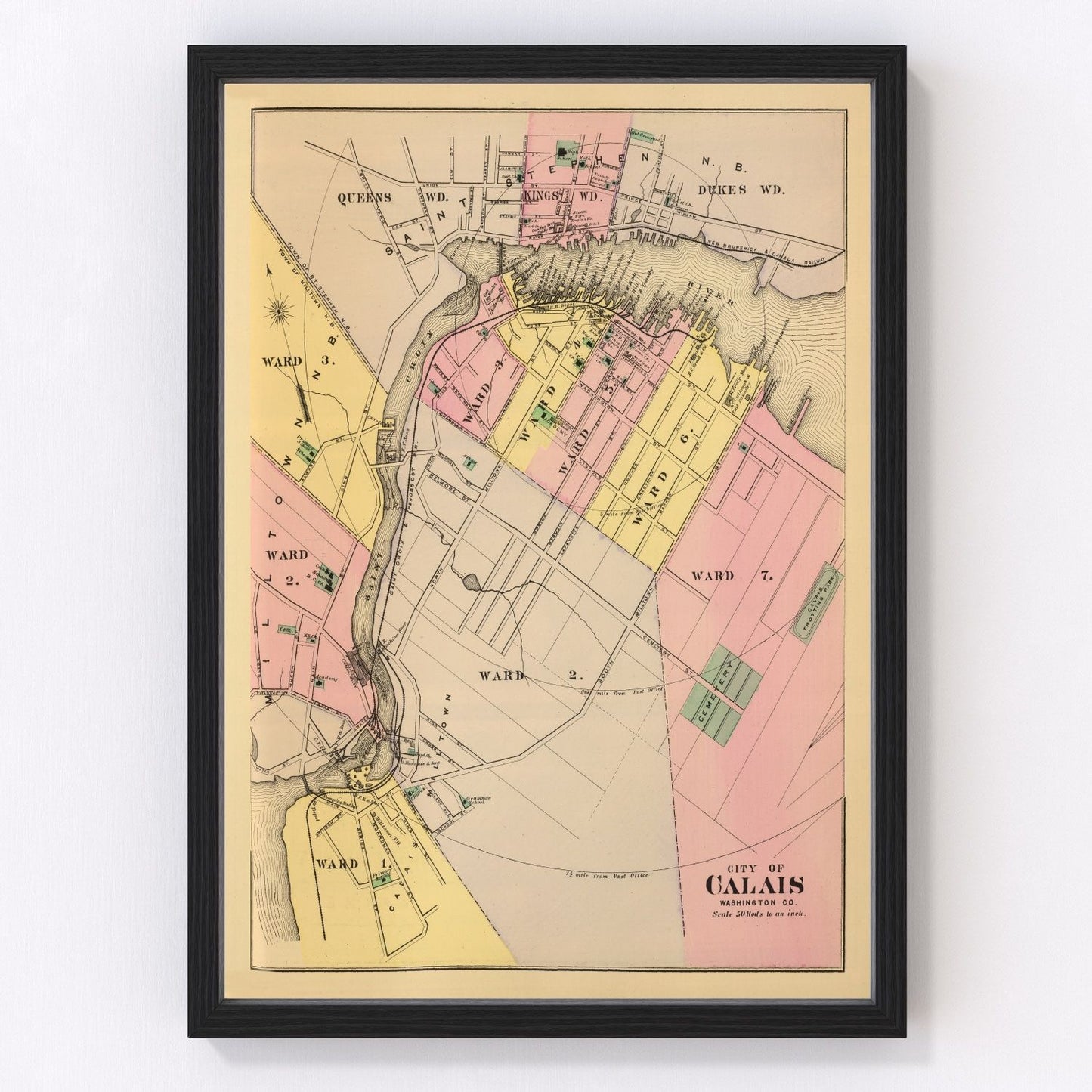 Vintage map of Calais, Maine, 1894, Washington County restored print