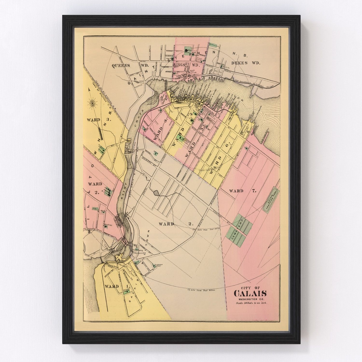 Vintage map of Calais, Maine, 1894, Washington County restored print