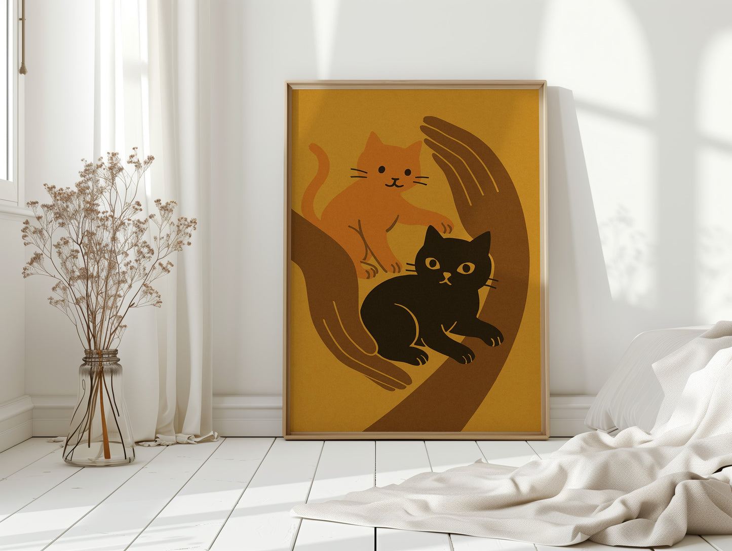 Two Cats Embrace Minimalist Cat Wall Art Print
