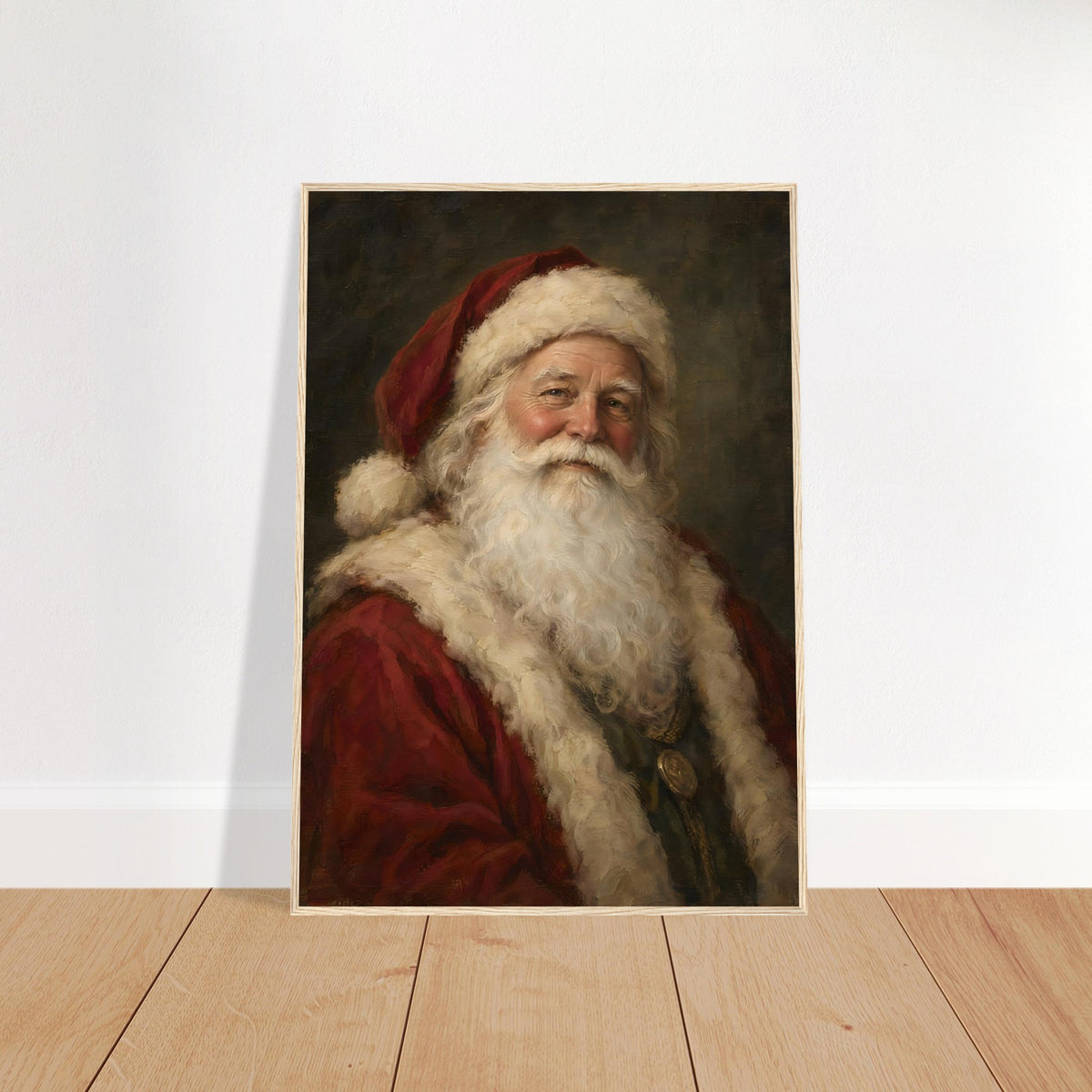 Vintage Santa Claus portrait print in a natural wood frame