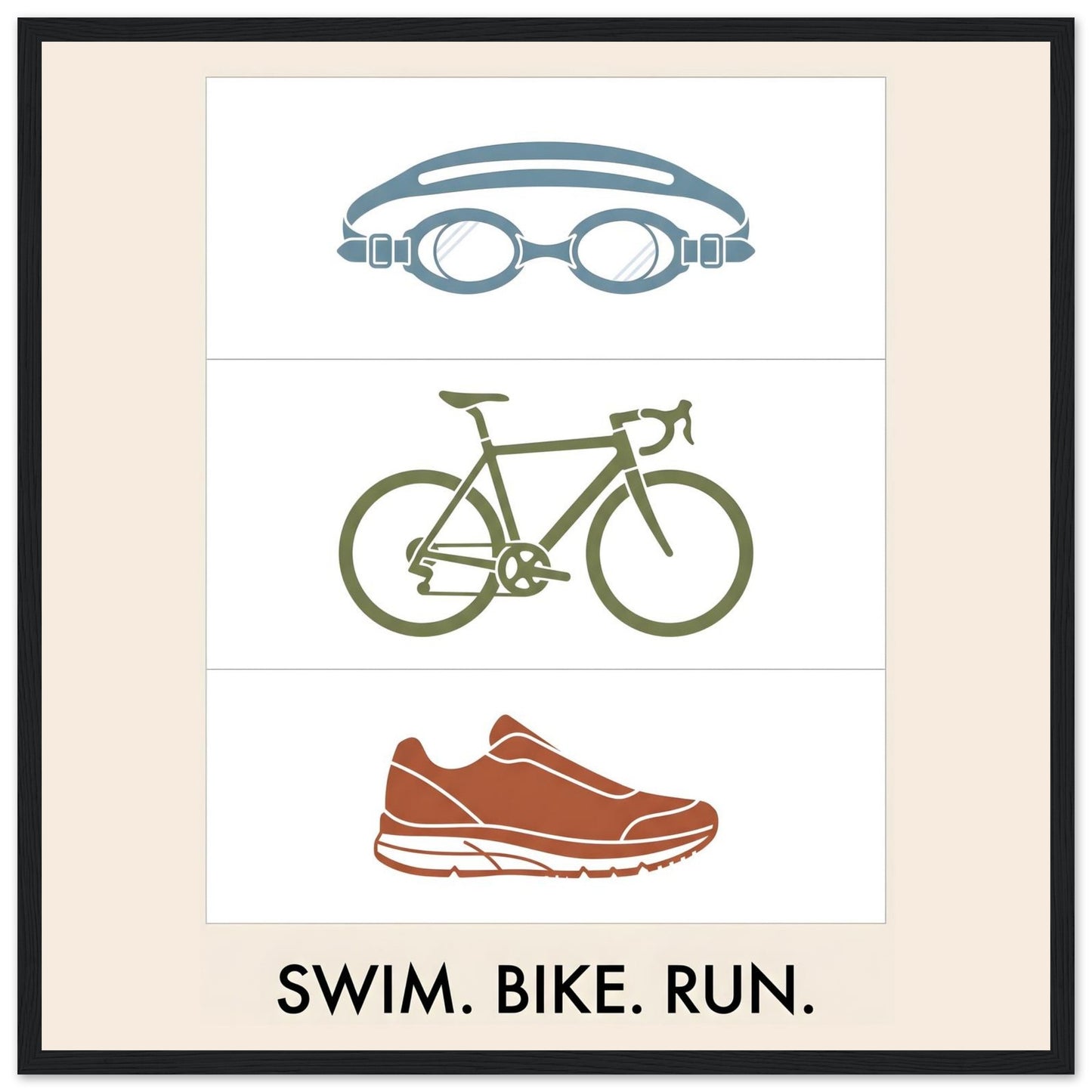 Swim Bike Run Poster: Minimalist Triathlon Icons Wall Art - 50x50 cm / 20x20″ - Black frame / Ready-to-hang - Sparkycare