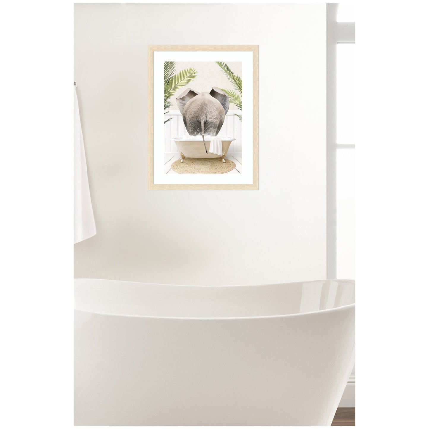 Elephant Back in Palm Bathtub Framed Wall Art Print