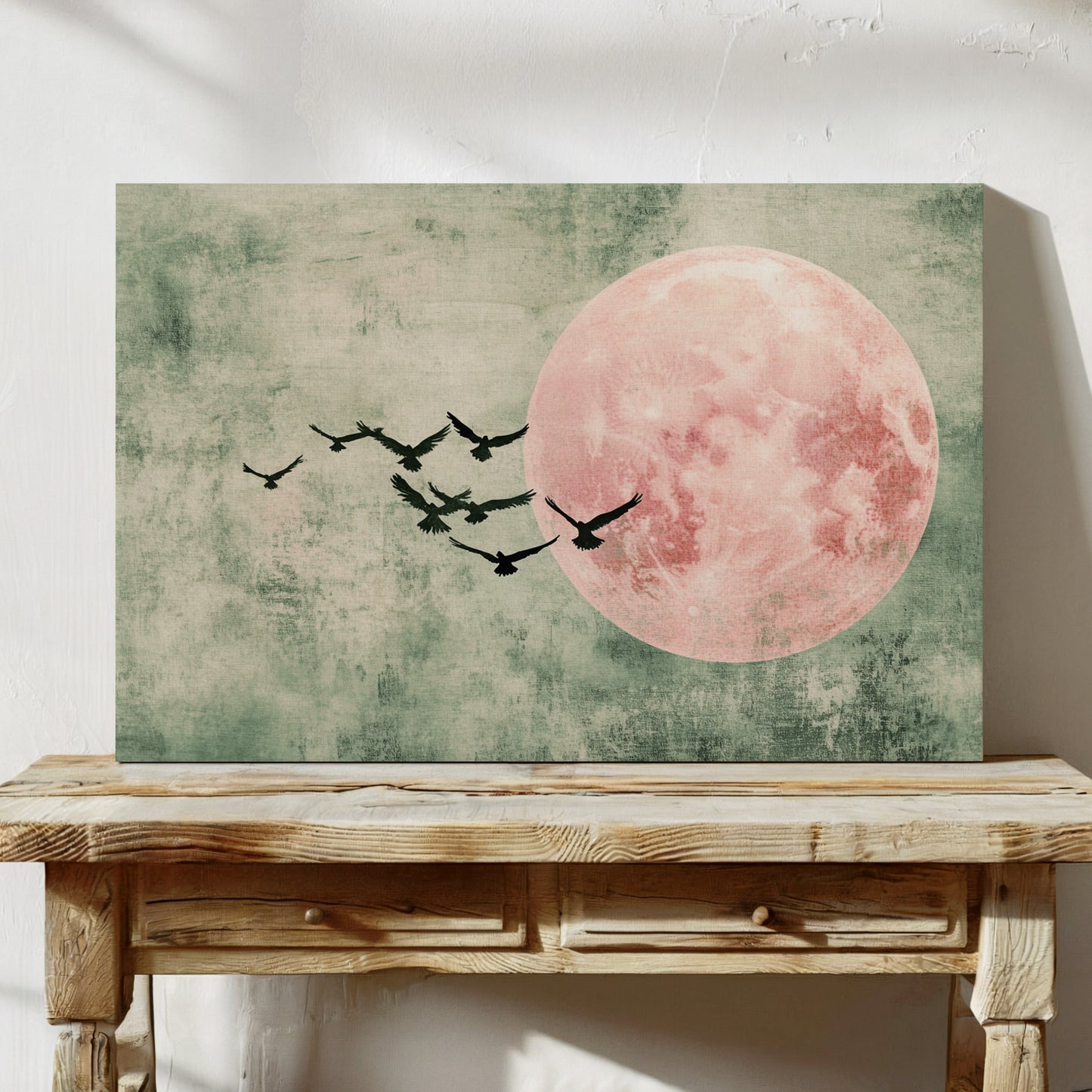 Pink Moon Wall Art - Minimalist Birds in Flight Print