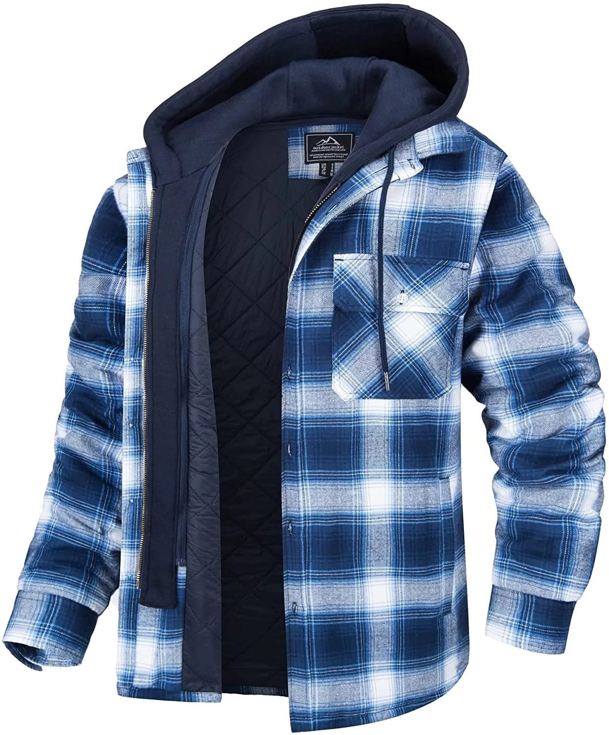 Blue and white plaid jacket with a hood on a white background