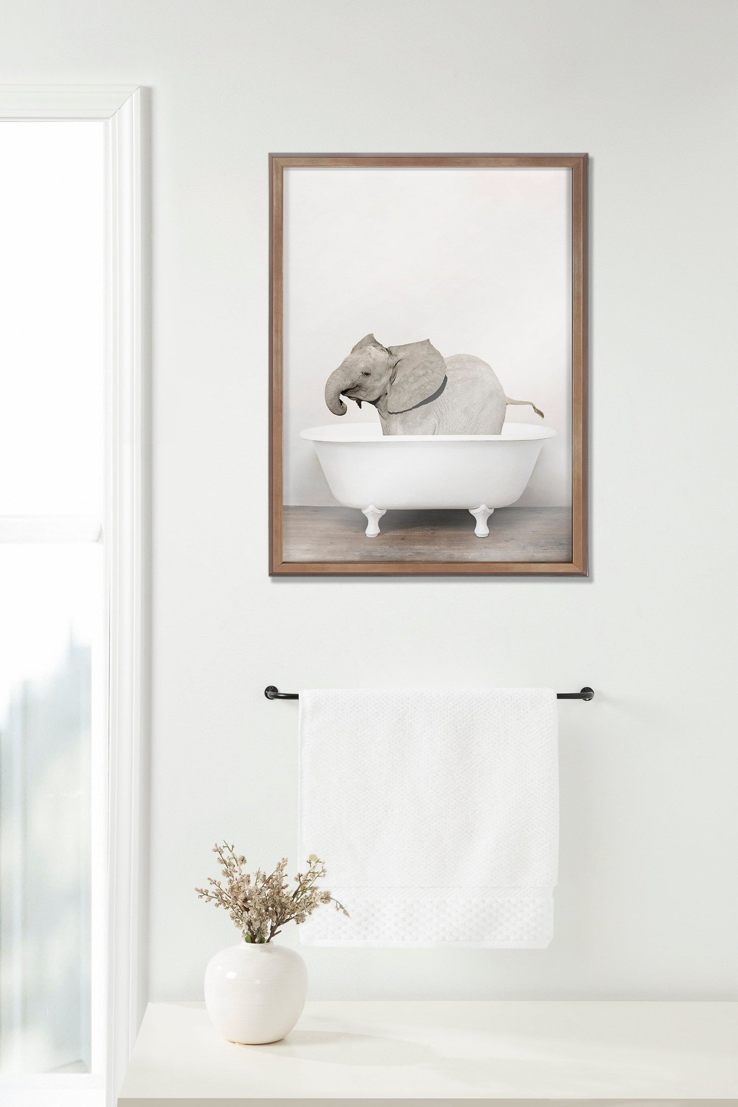Baby Elephant in the Tub Framed Glass Wall Art