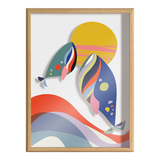 Modern Colorful Whales Framed Glass Wall Art