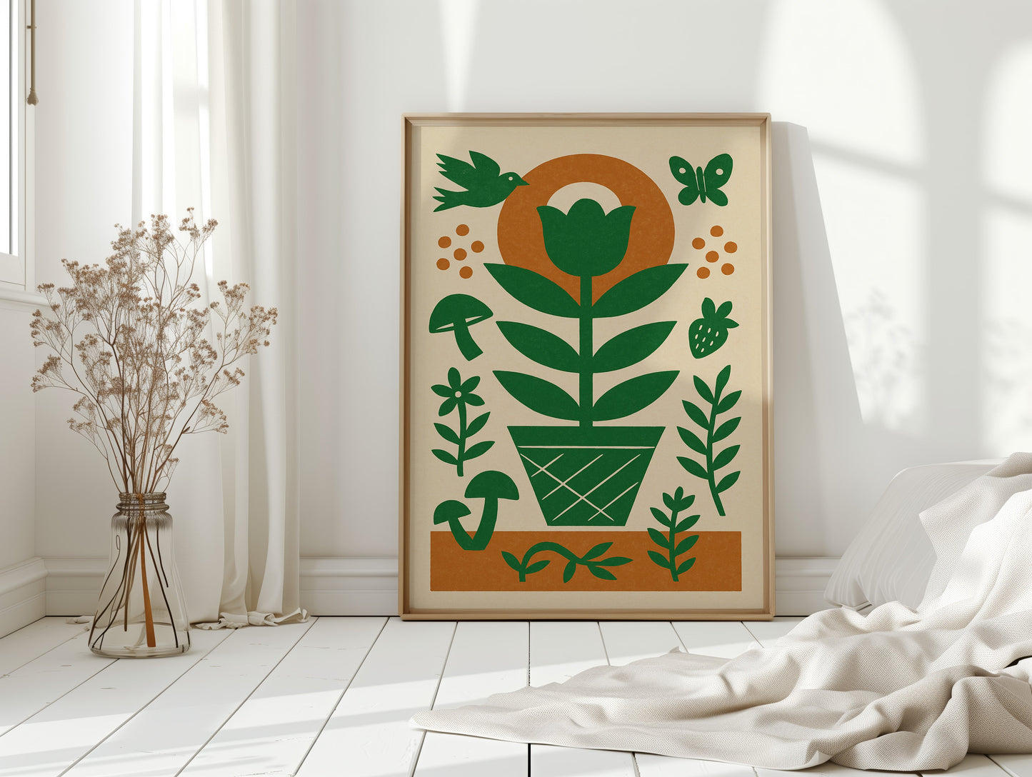 Folk Garden Wall Art - Bird, Butterfly and Tulip Print
