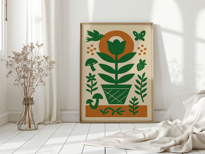 Folk Garden Wall Art - Bird, Butterfly and Tulip Print