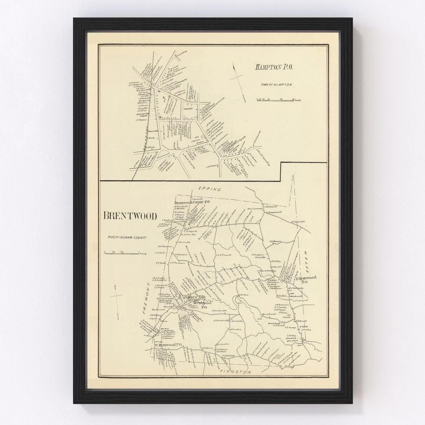 vintage map of Brentwood New Hampshire, 1892, restored print wall art