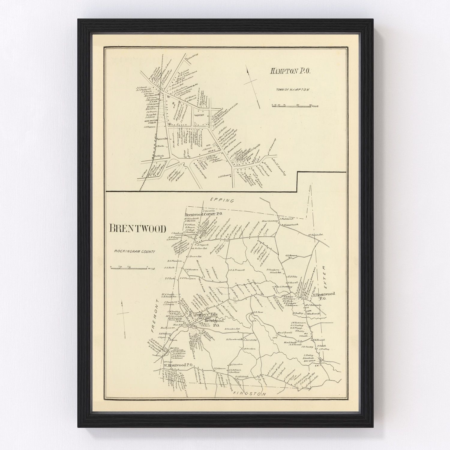 vintage map of Brentwood New Hampshire, 1892, restored print wall art