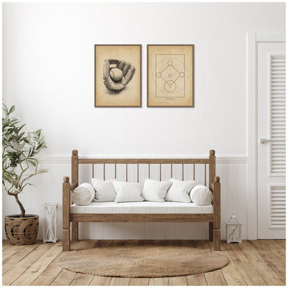 Vintage Baseball 2 Piece Framed Canvas Set