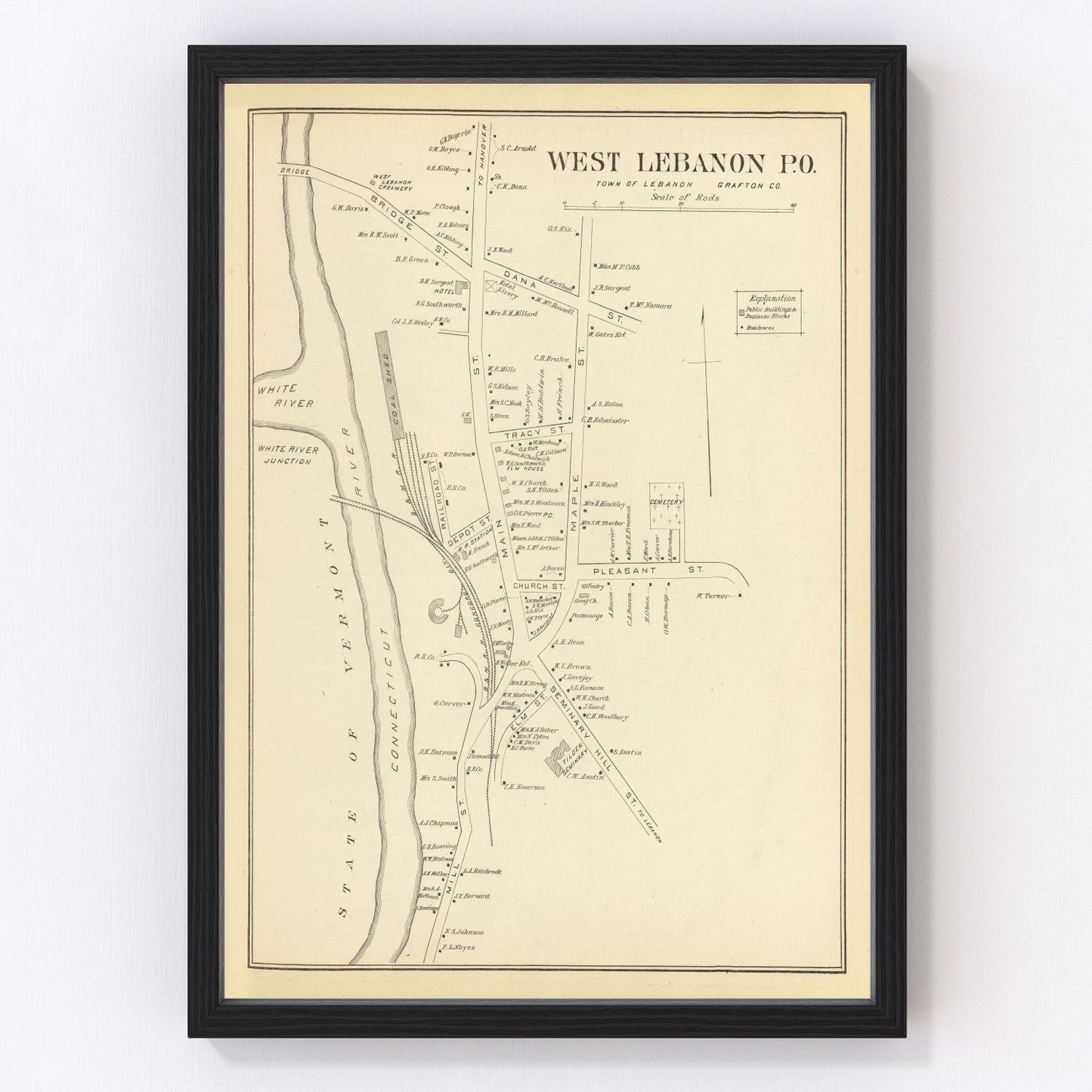 Vintage map of West Lebanon, New Hampshire, 1892, Connecticut River mill town