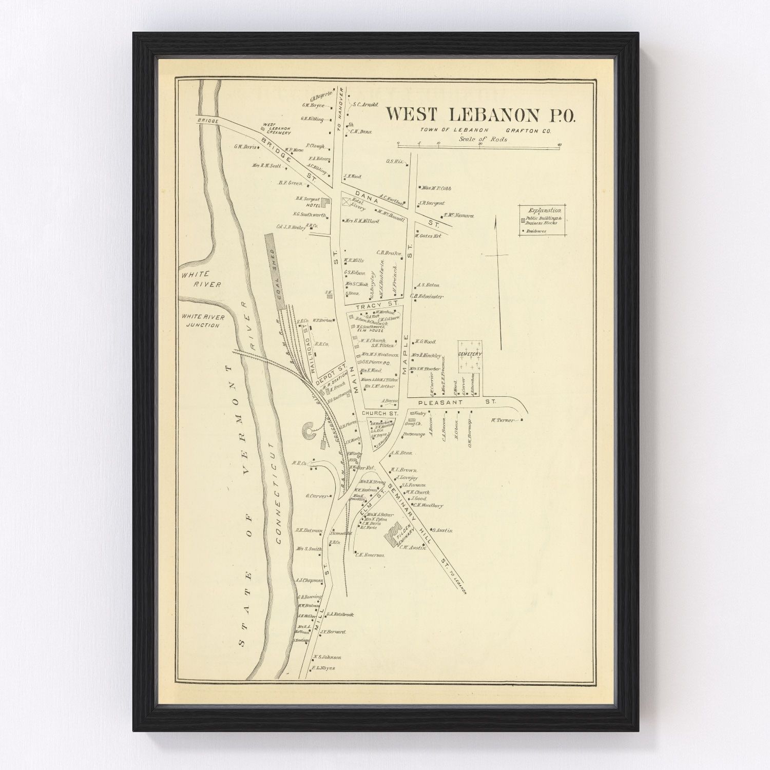 Vintage map of West Lebanon, New Hampshire, 1892, Connecticut River mill town