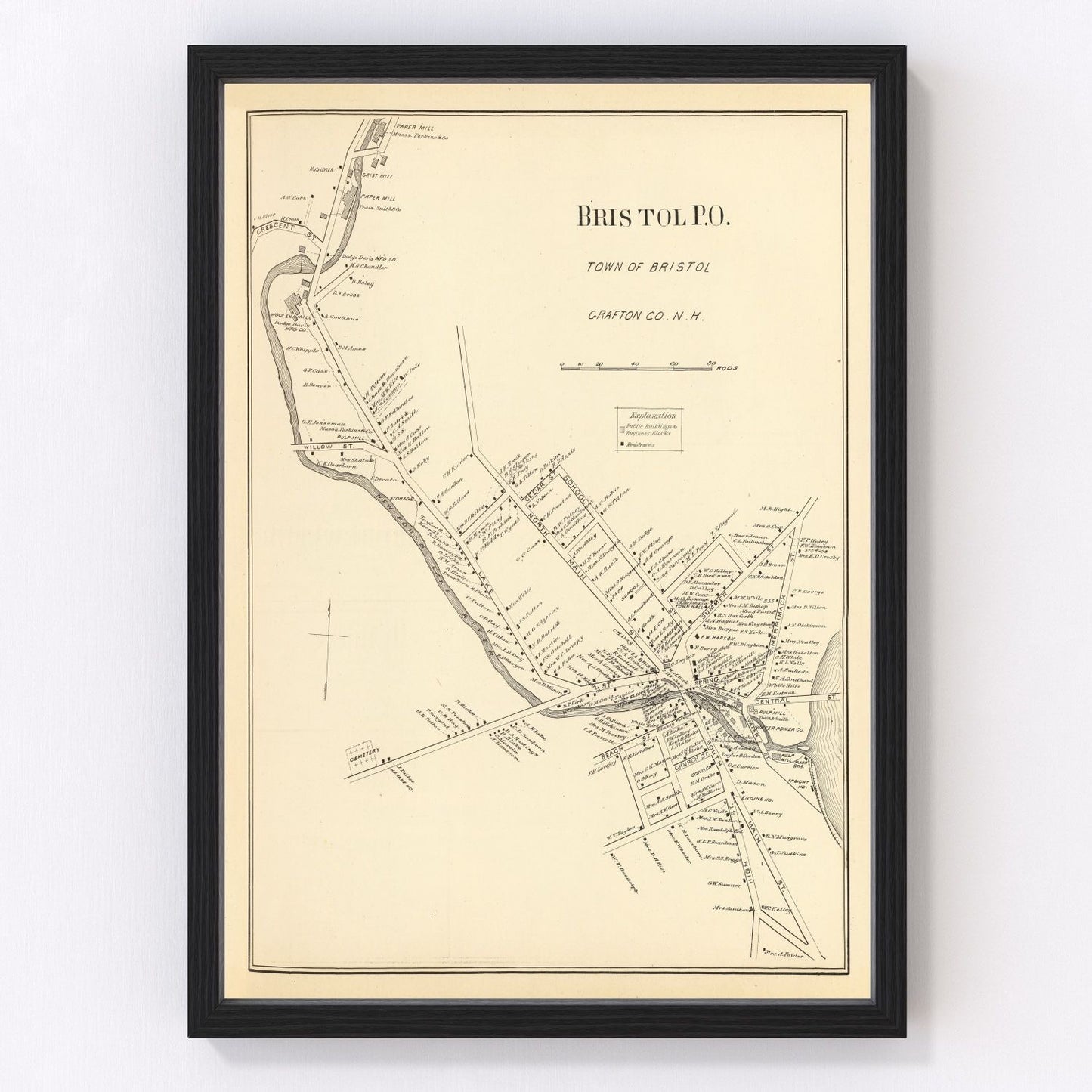 Vintage map of Bristol, Grafton County, New Hampshire, 1892, restored print