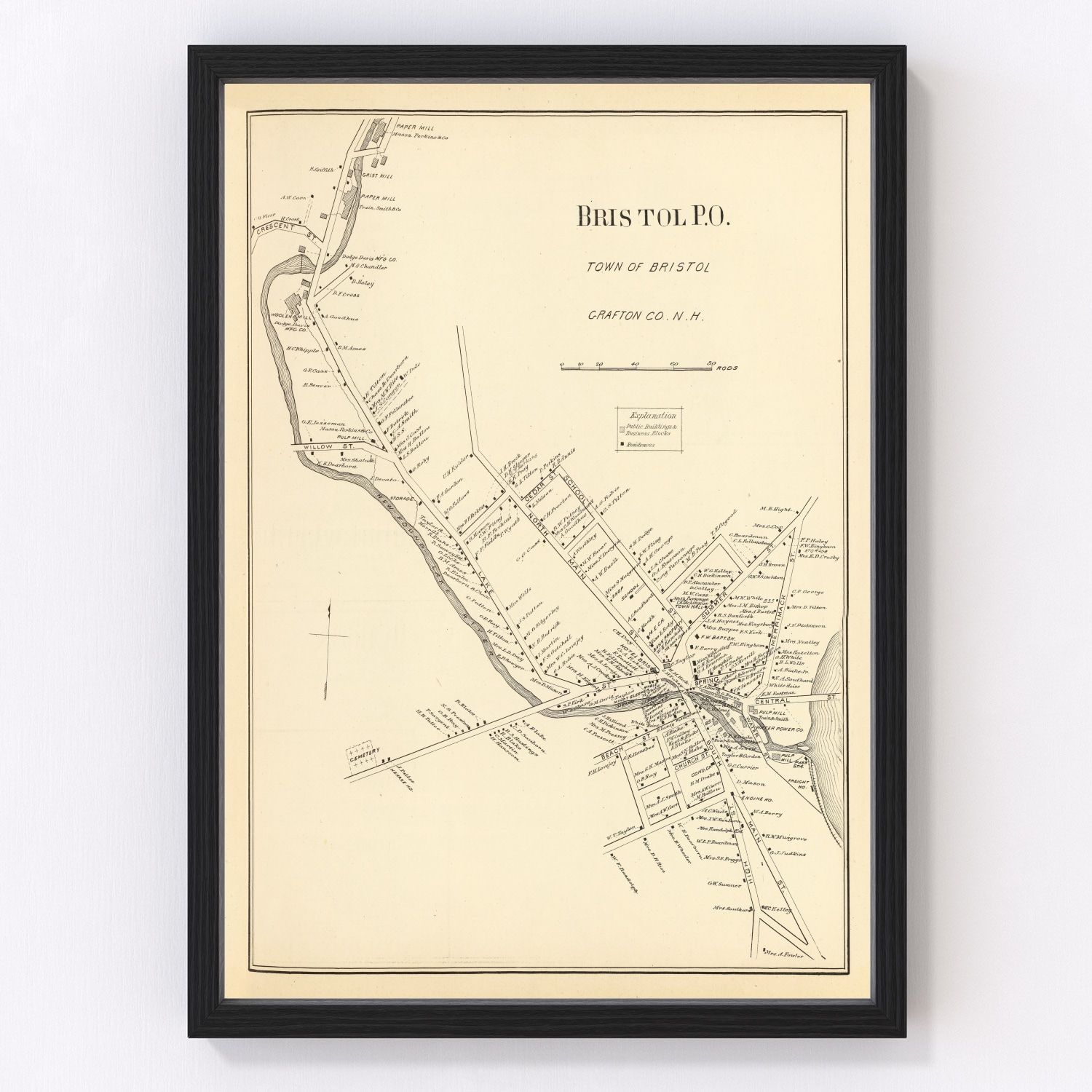 Vintage map of Bristol, Grafton County, New Hampshire, 1892, restored print