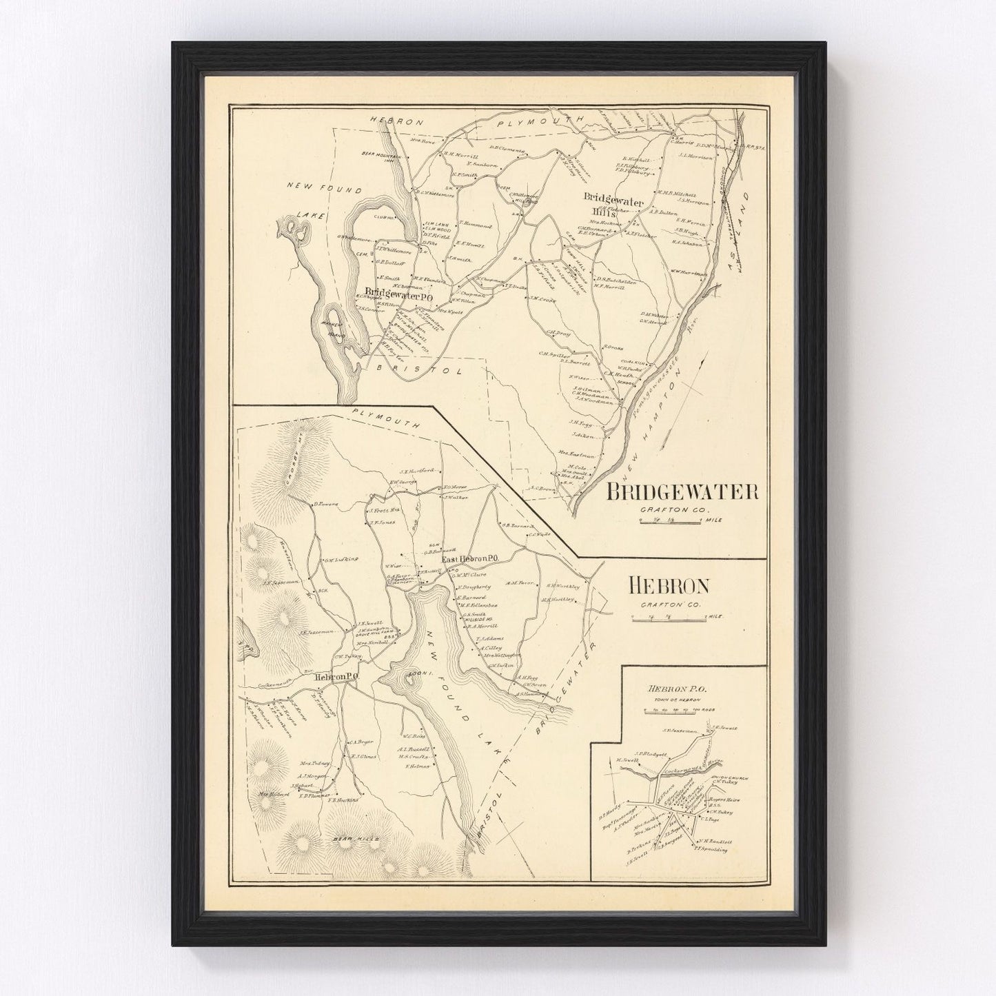 vintage map of Bridgewater New Hampshire, 1892, restored print wall art